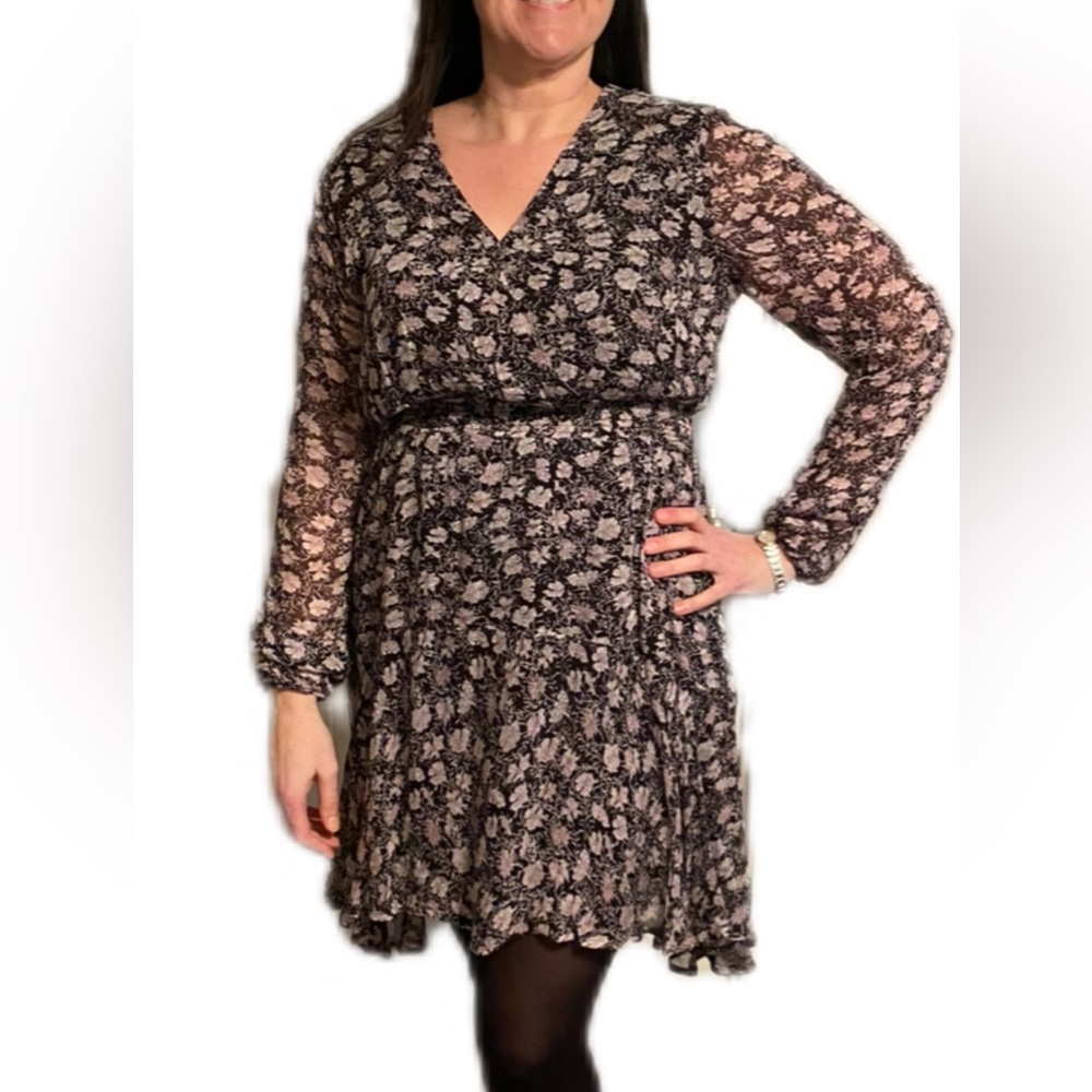 ESQUALO Black Mini Dress flowy wrap high-low long sleeve 16 pink white floral